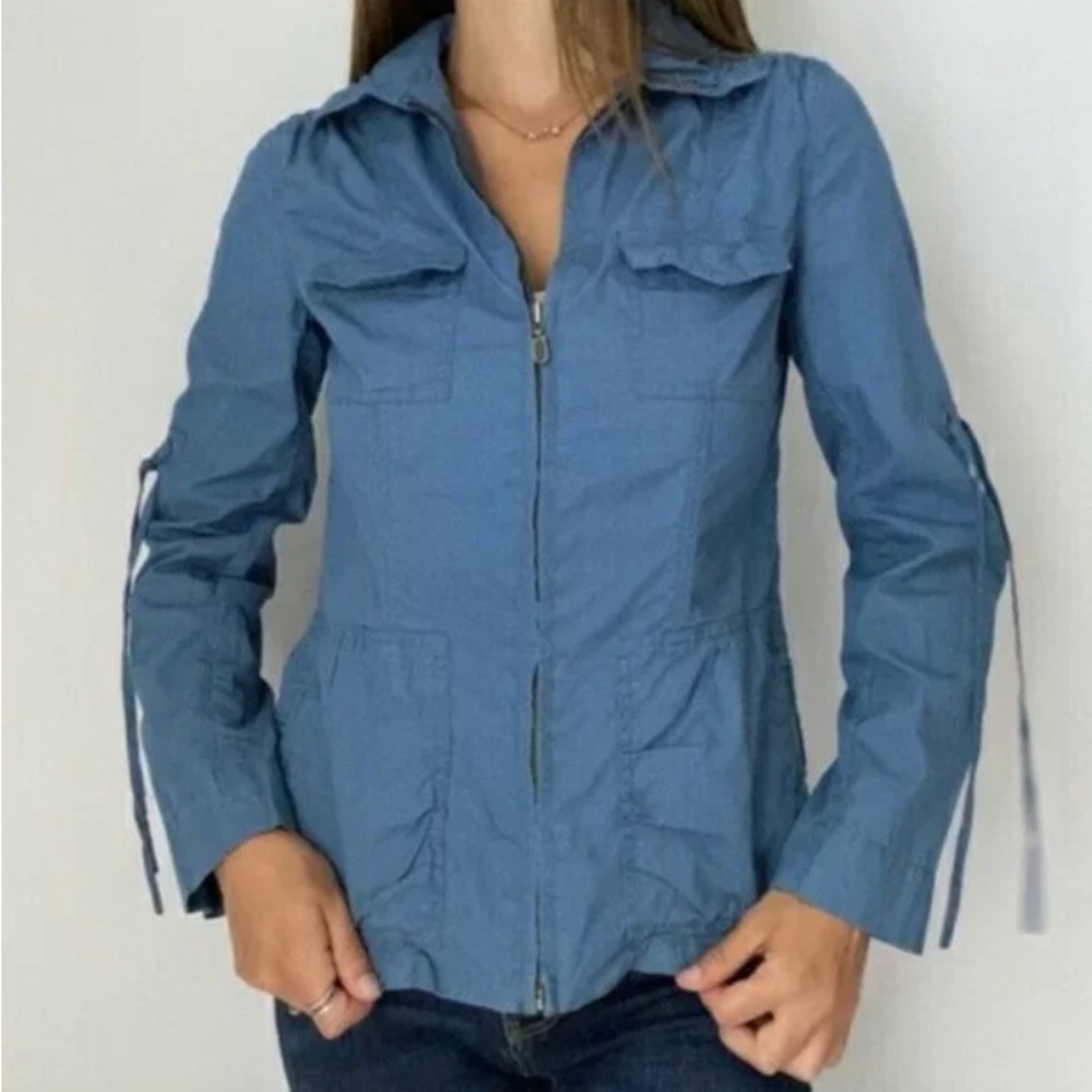 CAbi Cargo Jacket Small Women Blue Lightweight #393 Zip Up Drawstring